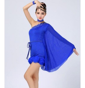 Royal blue red rhinestones one loose swing bat wing sleeves girls kids children performance school play competition  latin dance dresses outfits costumes